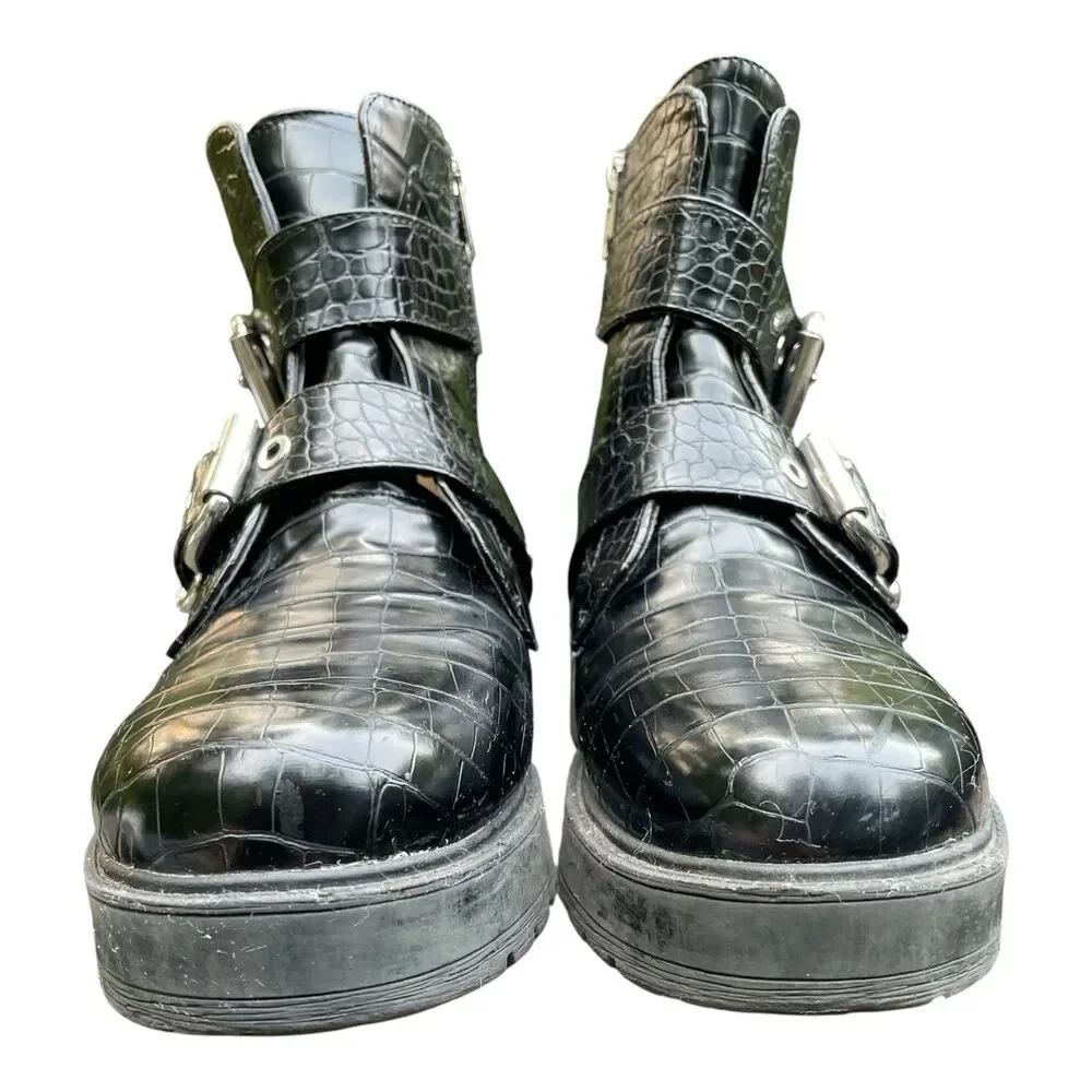 Chunky Moto Goth Punk Rock Aldo Black Patent Mock Croc Combat Boots Size 8.5